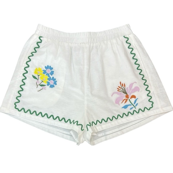 Amable by Mable Rayon/Linen Floral Embroidered Shorts Elastic Waist High Rise M - Picture 1 of 16